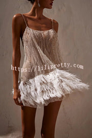 Lilipretty Fairy Lights Sequin Layered Feather Fringed Mesh Mini Dress