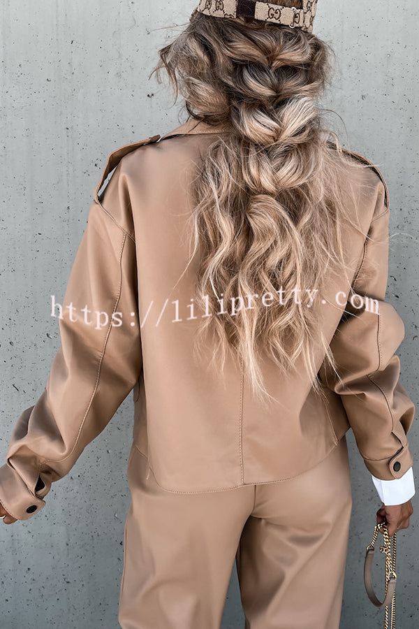 Stylish Leather Lapel Pocket British Style Cropped Jacket