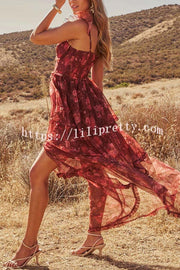 Romantic and Elegant Mesh Floral Back Smocked Tiered Ruffle Maxi Dress