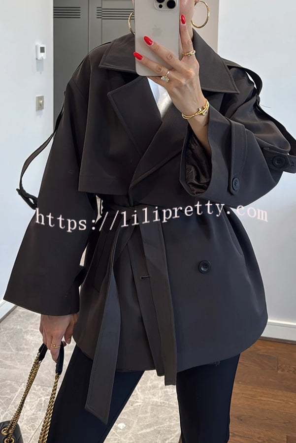 Modern Urban Dropped Shoulder Strap Button Detail Belted Lapel Loose Trench Coat