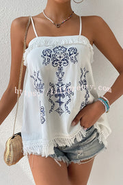 Ethnic Embroidered Adjustable Straps Fringed Top