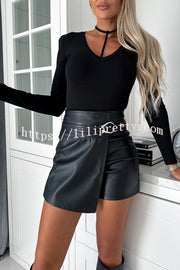 All about Fashion Faux Leather Wrap Metal Ring Mini Skort