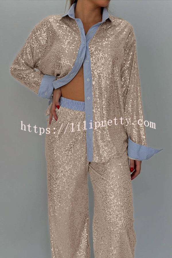 Fashion Sequined Loose Long-sleeved Shirt and Casual Elastic Waist Wide-leg Pants Set