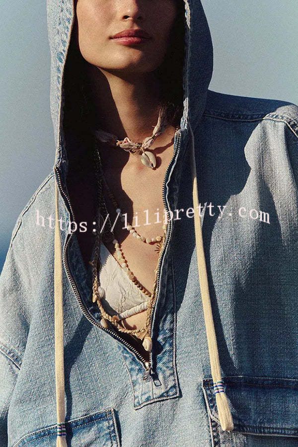 Fashion Loose Pocket Casual Denim Zipper Hoodie