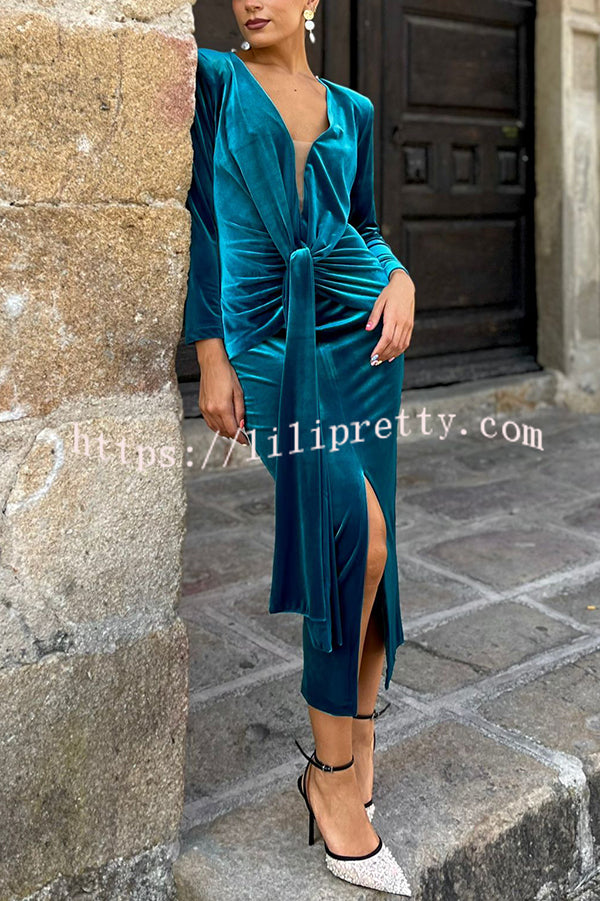 Elisabeth Luxurious Velvet Padded Shoulders Long Sleeve Twist Waist Drape Midi Dress