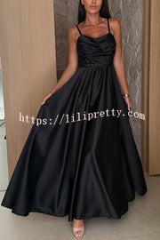 Solid Color Suspender Back Pleated Elegant Slit Full Hem Maxi Dress