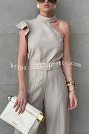 Fashionable One-shoulder Ruffled Top and Casual Simple Straight-leg Suit Pants Set
