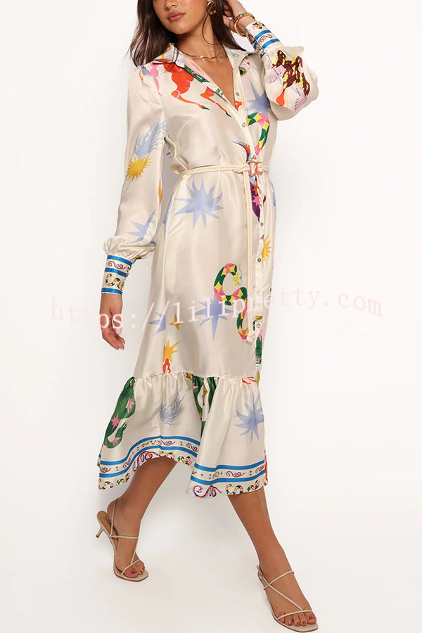 Calie Satin Unique Print Button Rope Belted Pocket Loose Shirt Midi Dress