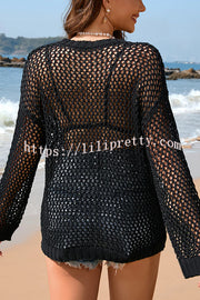 Solid Color Round Neck Long Sleeve Heart Knitted Beach Cover Up