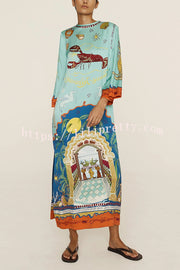 Satin Unique Print Long-sleeve Tie-waist Slit Maxi Dress