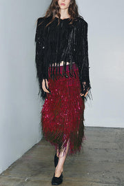 Party Crasher Layered Sequined Tassels High Rise Back Zipper Midi Skirt