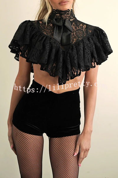 Avina Lace Bow Detail High Neck Cascading Ruffles Cropped Cape Top