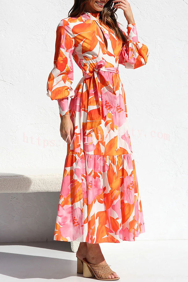 Floral Print Balloon Sleeve Pleated Lace Up Maxi Dress