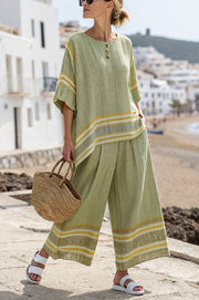 Striped Print Crew Neck Loose Top and Elastic Waist Casual Wide Leg Pants