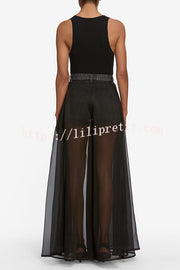 Avant-garde Fashion Denim Flowing Organza Patchwork Pocketed Wide Leg Jeans