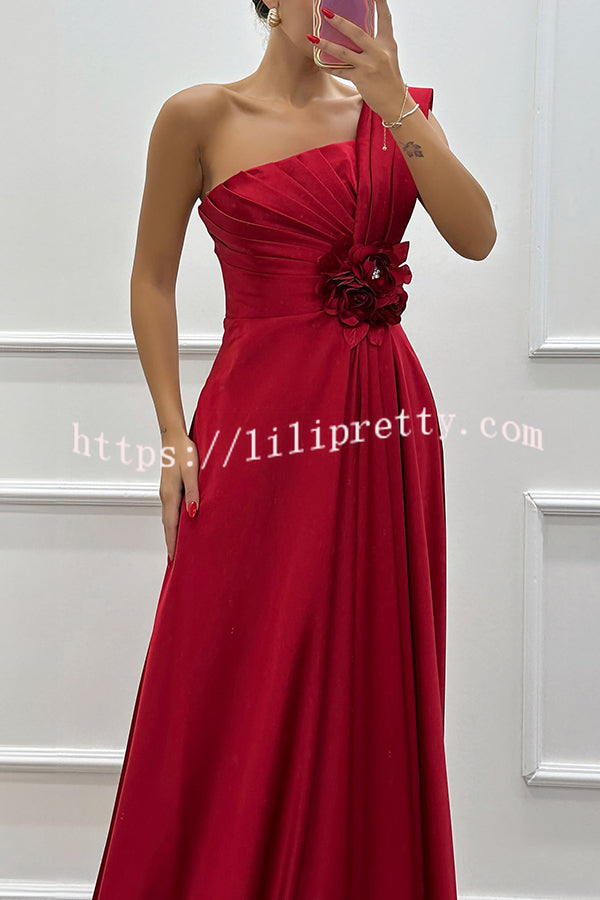 Nasha Satin Pleated One Shoulder Petal Gemstone Detail Pocket Slit Maxi Dress