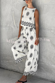 Unique Printed Round Neck Sleeveless Button Top and Elastic Waist Pocket Wide Leg Pants Set