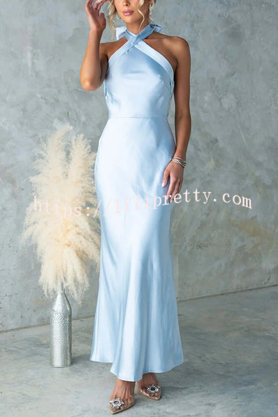 Satin Fashion Halter Backless Slim Elegant Maxi Dress