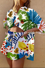 Casual Floral Print Button Pocket Lace Up Shorts Set