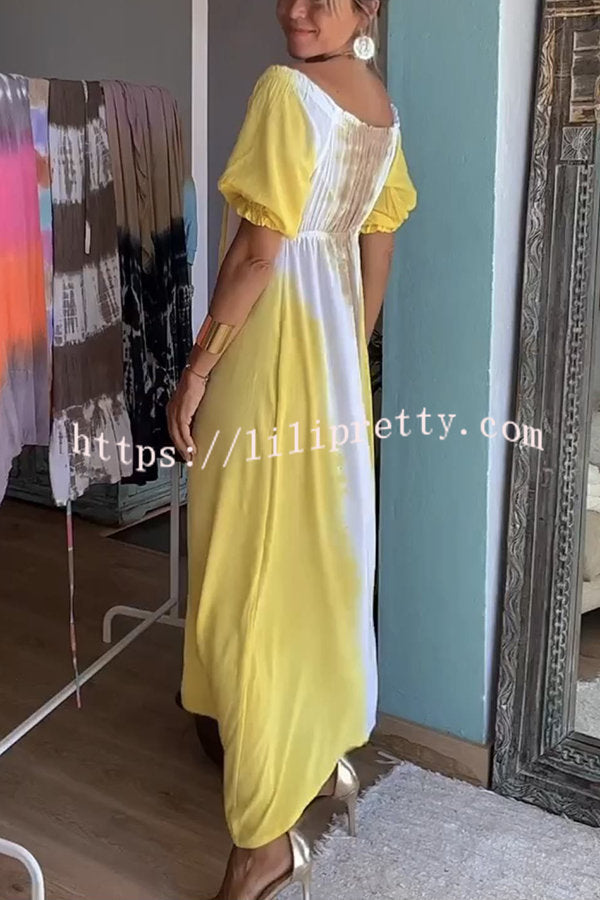Lilipretty Jorga Tie Dye Print Drawstring Off Shoulder Puff Sleeve Midi Dress