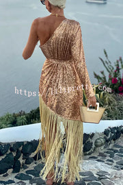 For The Love Gold Sequin One Shoulder Belted Fringes Midi Dress