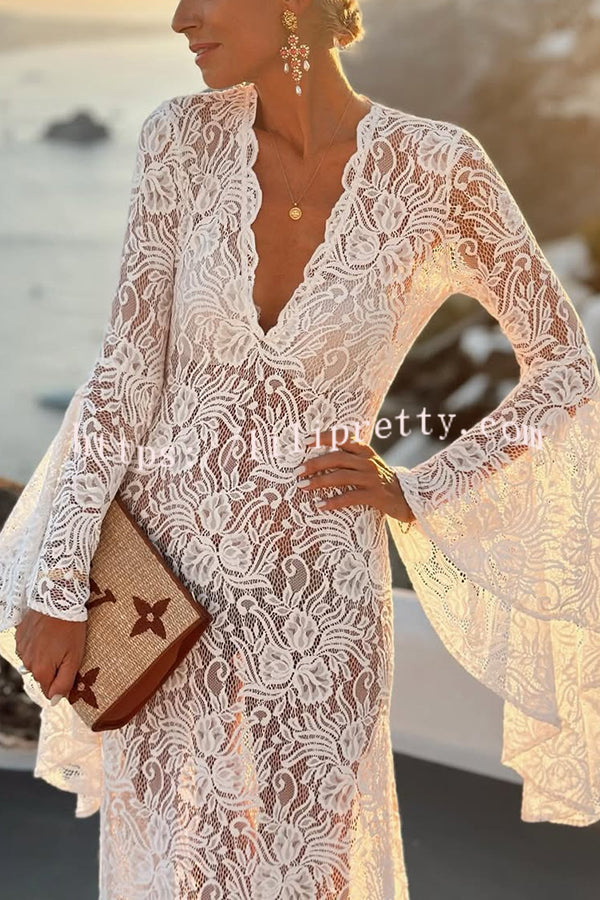 Dream Love Floral Lace Bell Sleeve V-neck Slit Maxi Dress