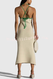 Lilipretty® Midsummer Knit Floral Pattern Mermaid Hem Halterneck Stretch Midi Dress