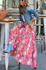 Courtyard Dreaming Bohemian Print Elastic Waist Tassel Maxi Skirt