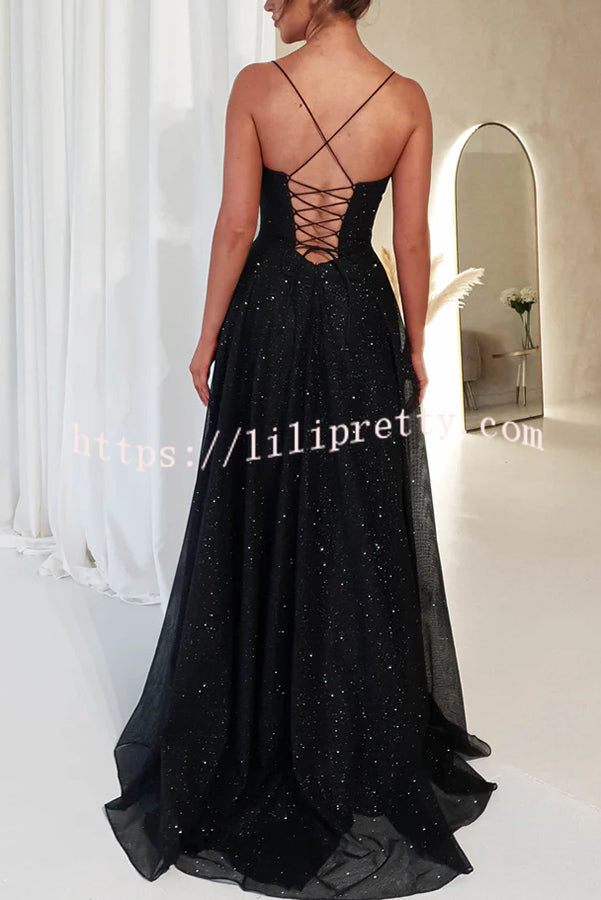 Cinderella Glitter Tulle Fabric Cowl Neck Back Lace-up Pocketed Slit Maxi Dress