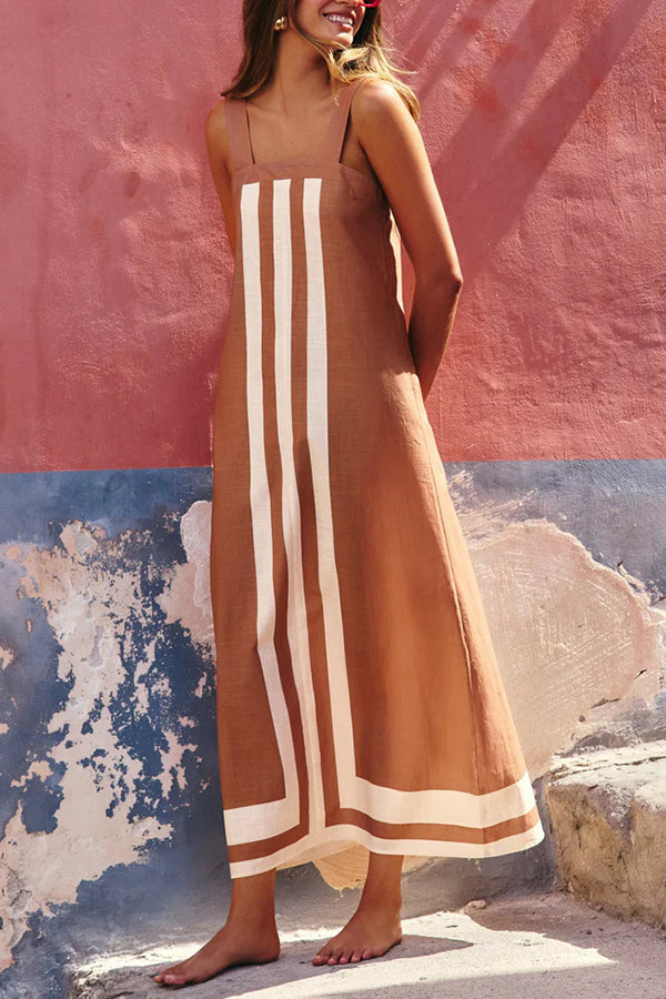 Striped Print Resort Style Casual Sling Maxi Dress