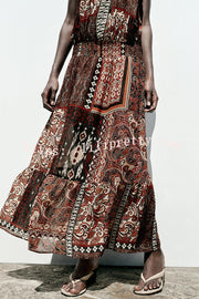 Ethnic Boho Colorblock Print Elastic Waist Resort Style Maxi Dress