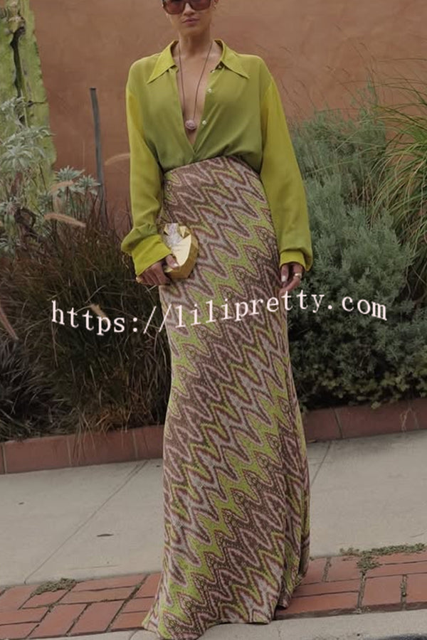 Moonlit Waltz Knit Jacquard Zigzag Print High Rise Stretch Flare Maxi Skirt