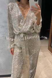 Cheers To You Sequin Long Sleeve Belted Wrap Loose Jumpsuit