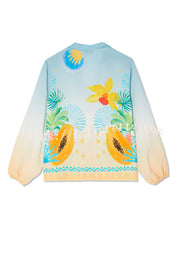 See You in Rio Tropical Fruits Print Button Long Sleeve Loose Blouse