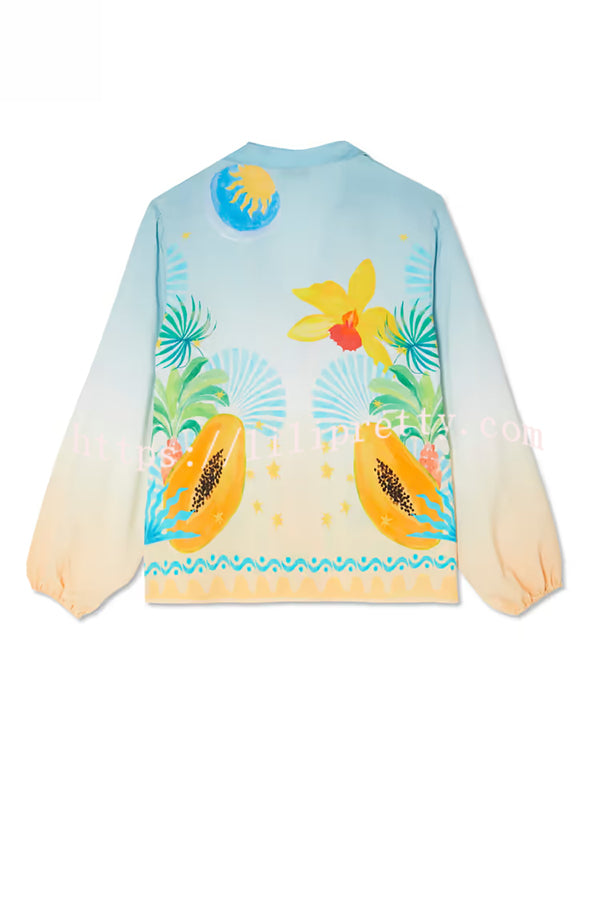 See You in Rio Tropical Fruits Print Button Long Sleeve Loose Blouse