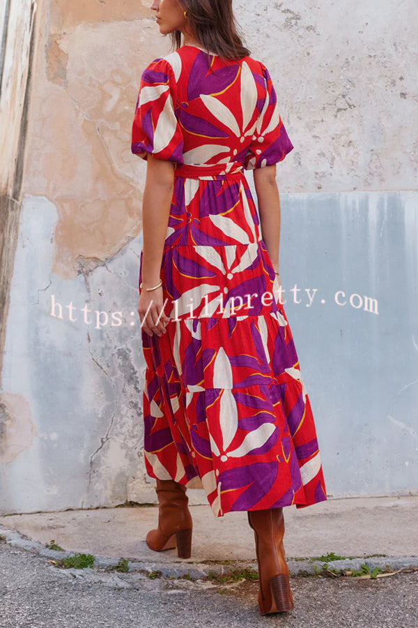 Unique Printed V-neck Puff Sleeves Tie Waist Midi Dress