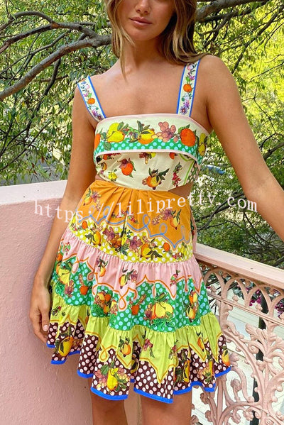 Lilipretty® Sweet and Sour Summer Multicolor Lemon Print Pleated Hem Mini Dress