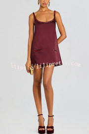 Taste Red Wine Satin Gemstone Trim Round Neck Slip H-line Mini Dress