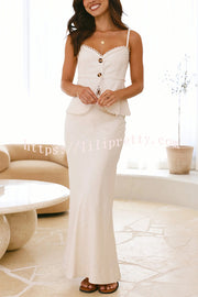 Solid Color Halter Button-Down Top and Elegant Fitted Maxi Skirt Set