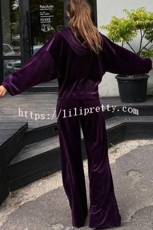 Velvet Casual Zip-up Hooded Top and Elastic Waist Wide Leg Pants Set