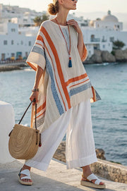 Striped Print Crew Neck Loose Top and Elastic Waist Casual Wide Leg Pants