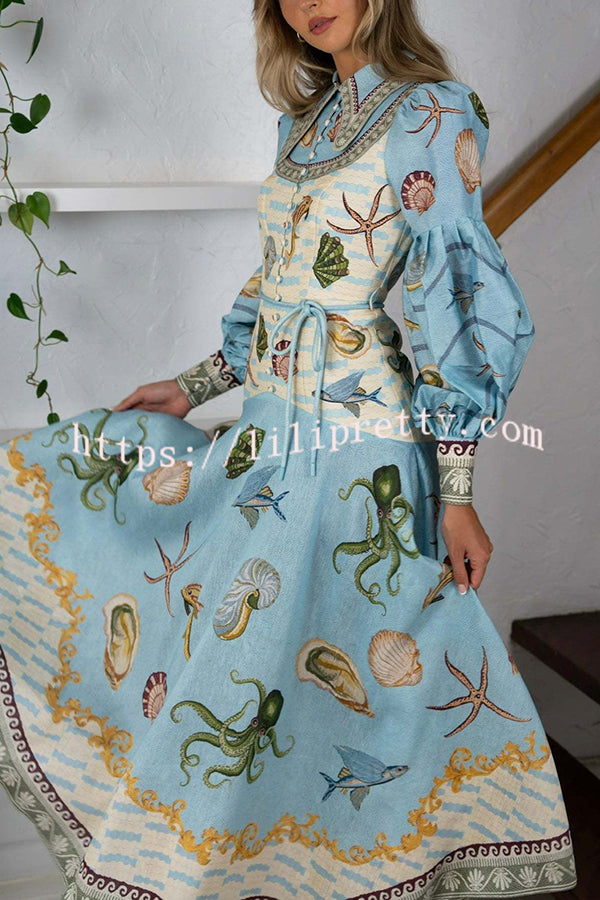 Ocean Print Lapel Button Waist Tie Resort Maxi Dress