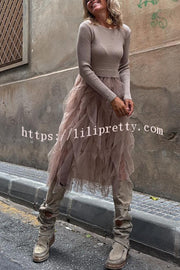 Jansen Ribbed Knit Patchwork Layered Tulle Ruffles Long Sleeve Midi Dress