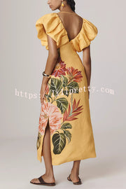 Plant Print V-neck Open Back Holiday Style Slit Midi Dress