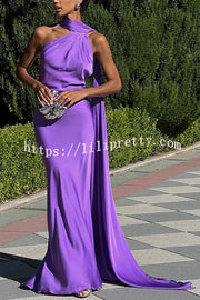 Crush on You Satin One Shoulder Backless Cape Maxi Dress