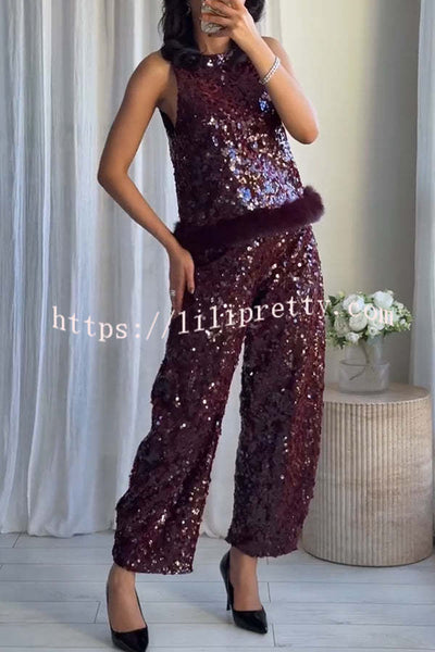 Gala Goddess Sequin High Rise Zipper Waist Wide Leg Pants