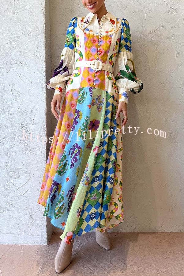 Lilipretty Bold and Chic Irregular Unique Print Balloon Sleeve Belt Shirt Midi Dress