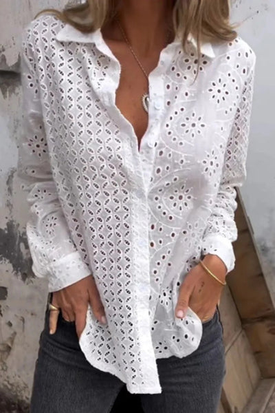 Solid Color Cutout Long-sleeved Loose Button-down Shirt