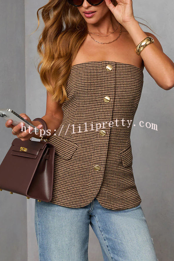 Workplace Vitality Houndstooth Off Shoulder Button Vest Top