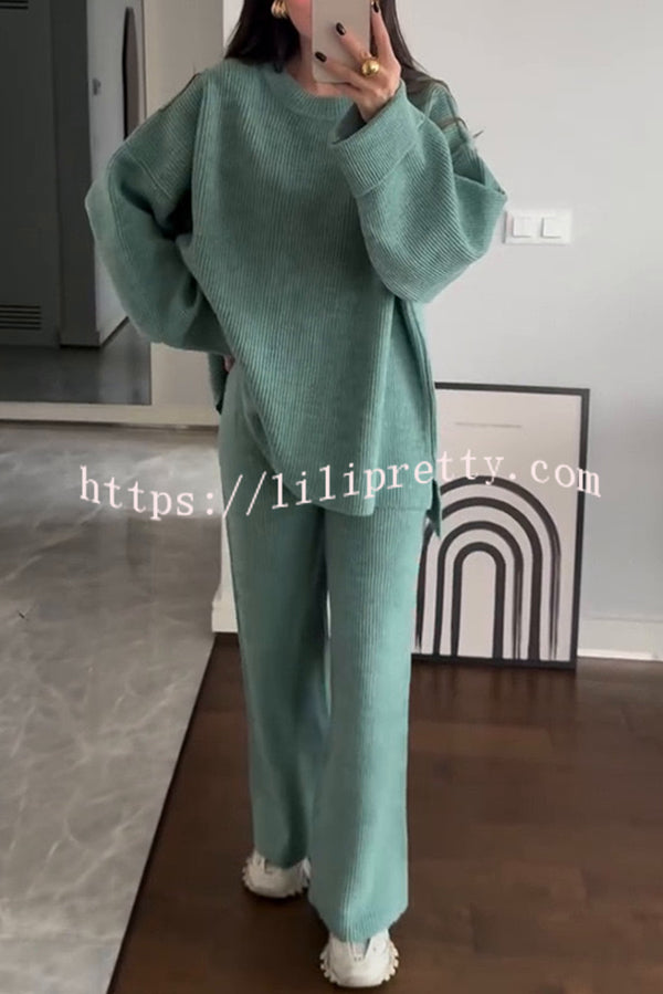 Solid Color Loose Long-sleeved Knit Top and Elastic Waist Casual Straight Leg Pants Set